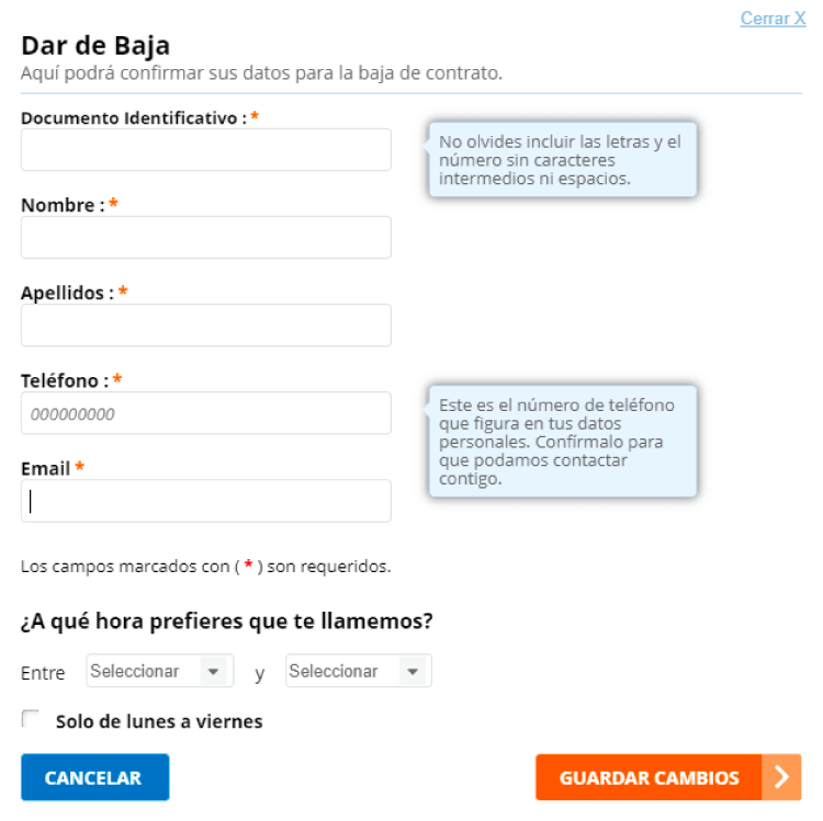 Formulario Mi Endesa para Dar de baja la luz